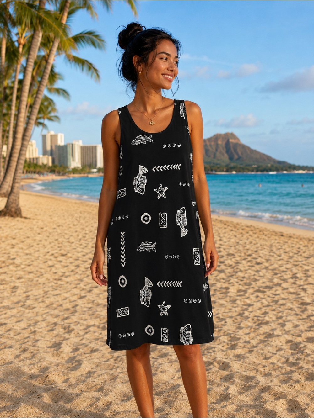 Women’s Black Fish Print Hawaiian Tank Beach or Cover-Up Dress coastal